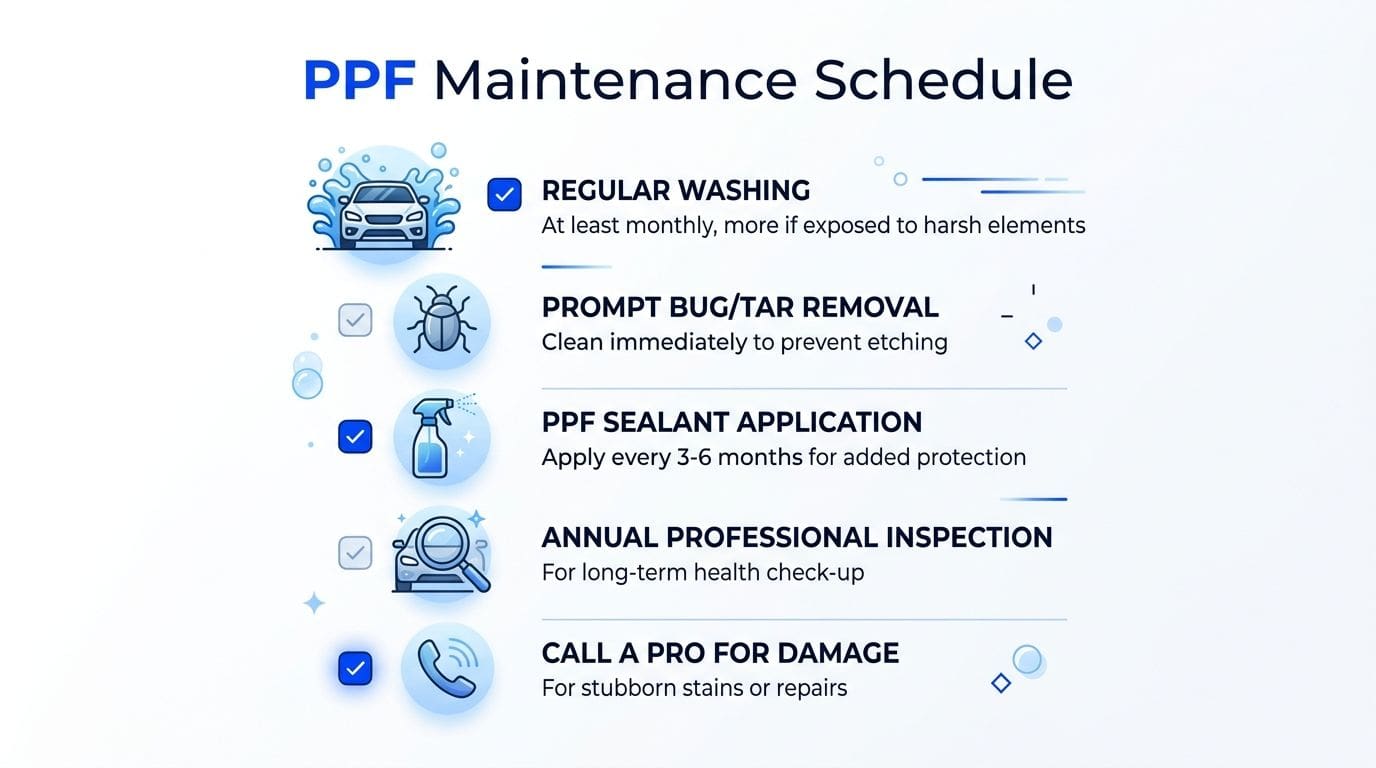 An infographic detailing the maintenance schedule for paint protection film on vehicles including washing and inspections.