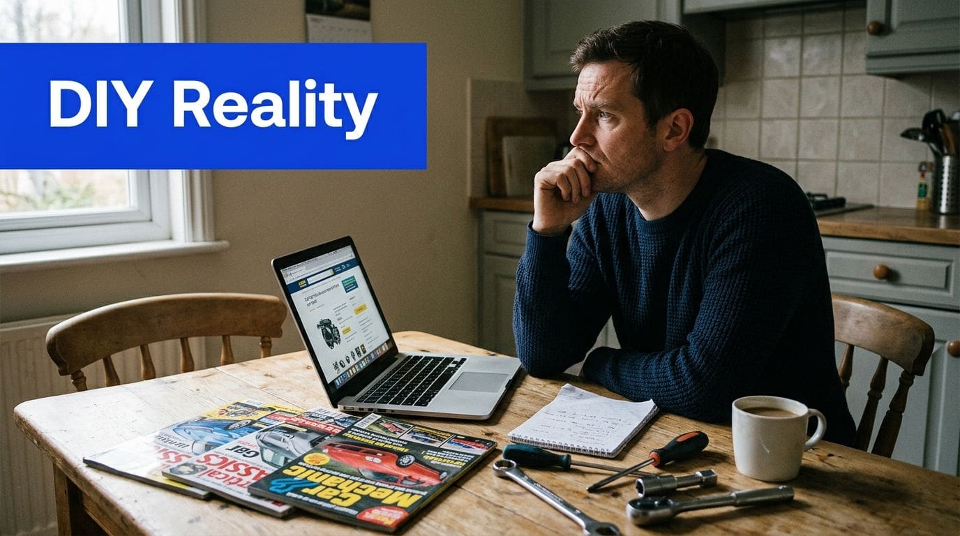 A focused man planning a car repair project using his laptop and automotive magazines at a table.