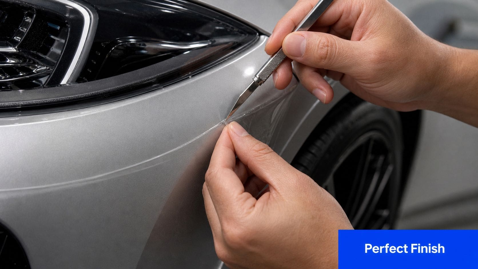 A technician carefully trims excess paint protection film around the edge of a silver car's fender.