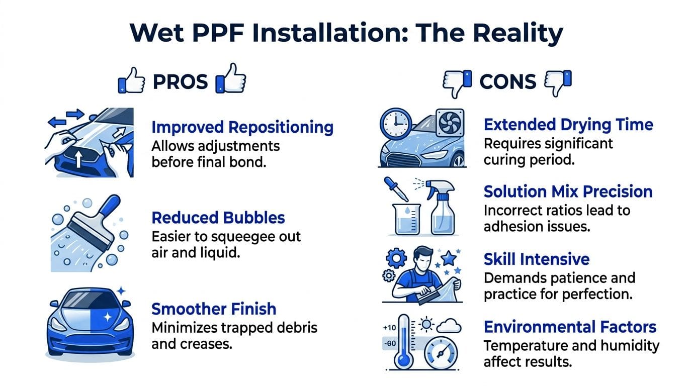 An infographic comparing the pros and cons of wet paint protection film installation on vehicles.