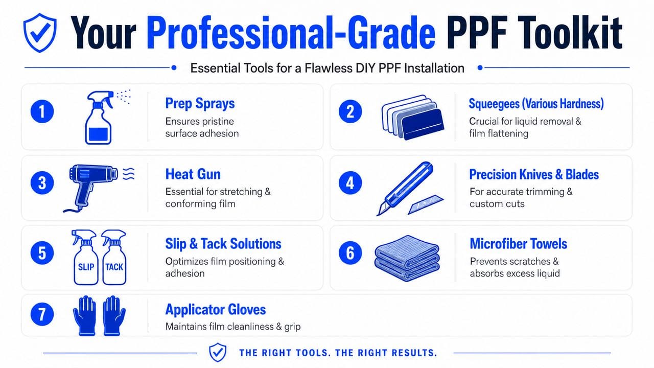 A professional infographic listing the seven essential tools required for a successful DIY paint protection film installation.