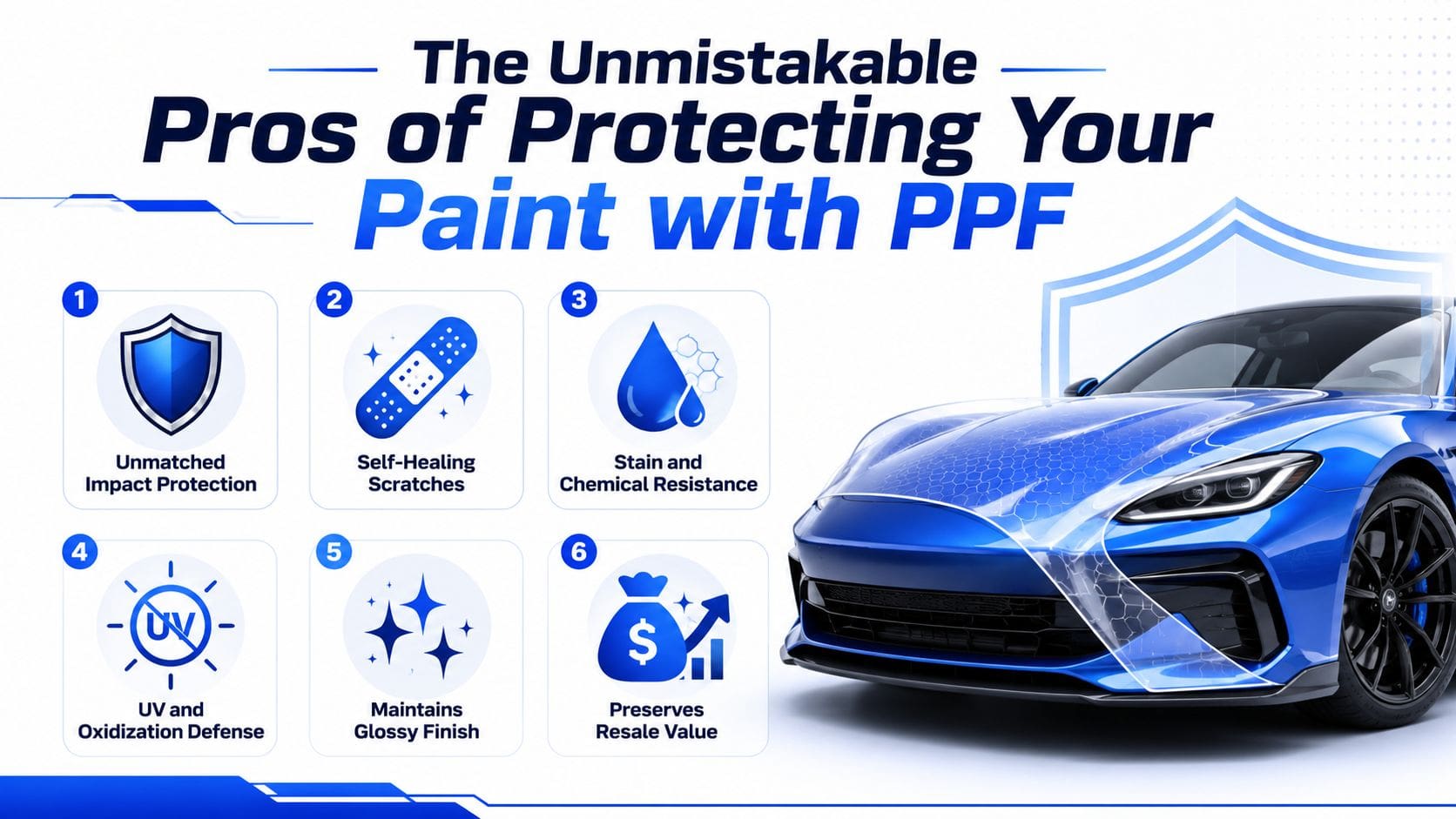 An infographic titled The Unmistakable Pros of Protecting Your Paint with PPF illustrating six key benefits.