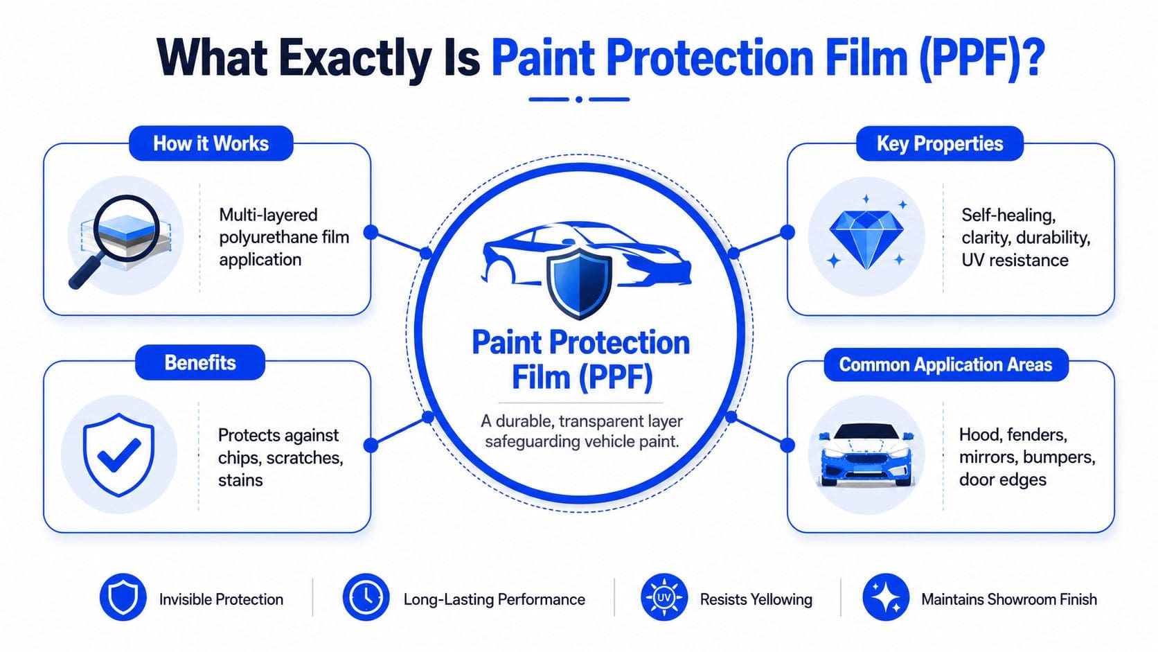An infographic explaining the benefits, application areas, and properties of automotive paint protection film for vehicles.
