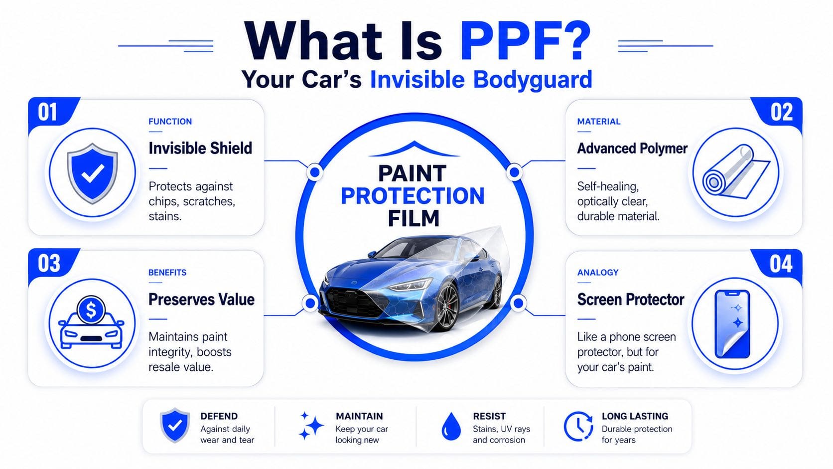 An infographic explaining Paint Protection Film, its function, material, benefits, and role as a car screen protector.