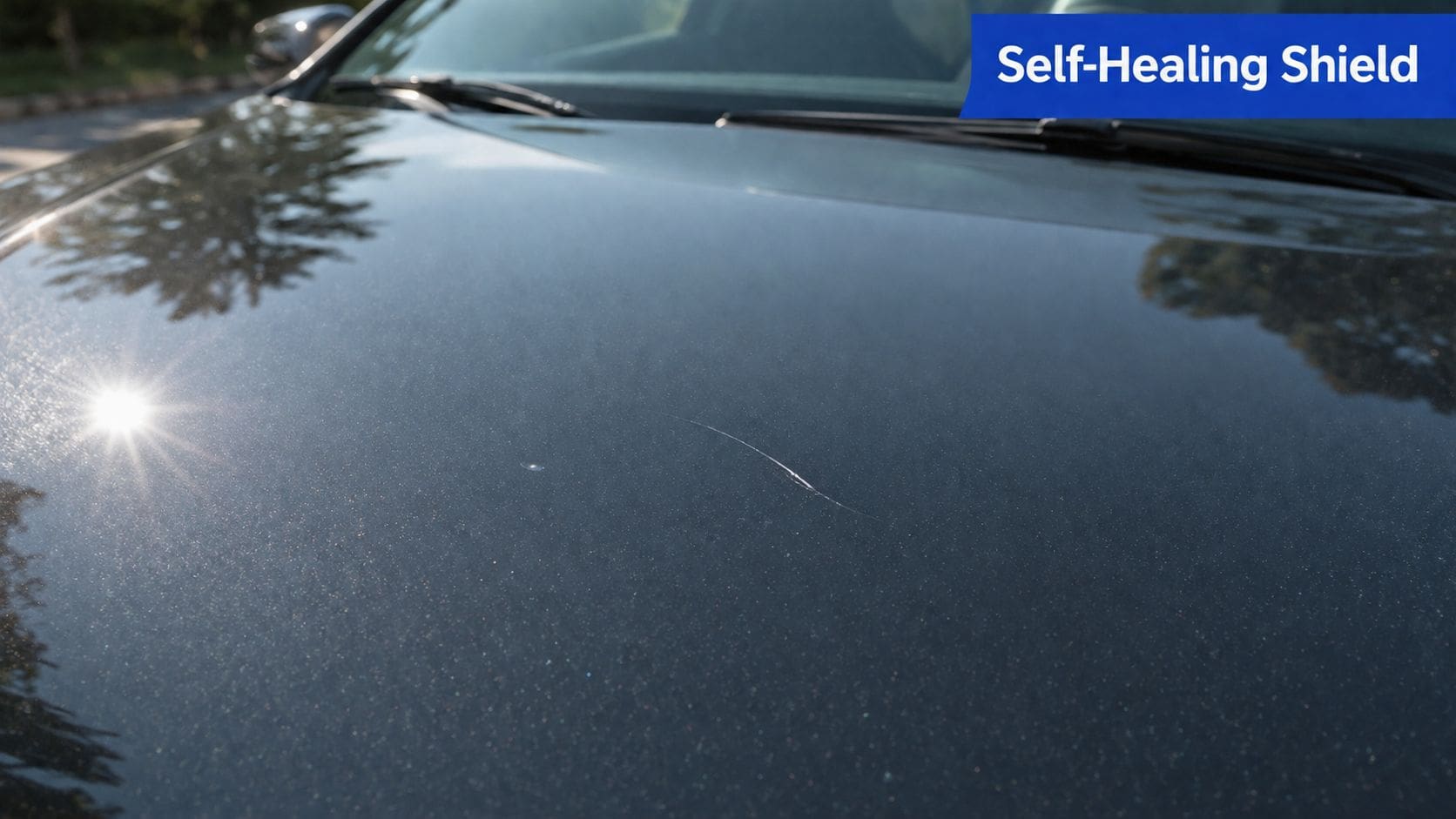 A close-up view of a dark car hood showing a prominent scratch on the reflective surface.