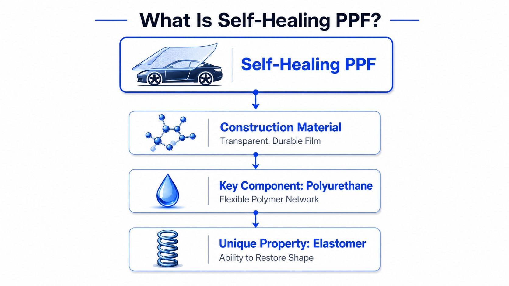 A flowchart explaining the scientific construction and self-healing properties of automotive paint protection film.