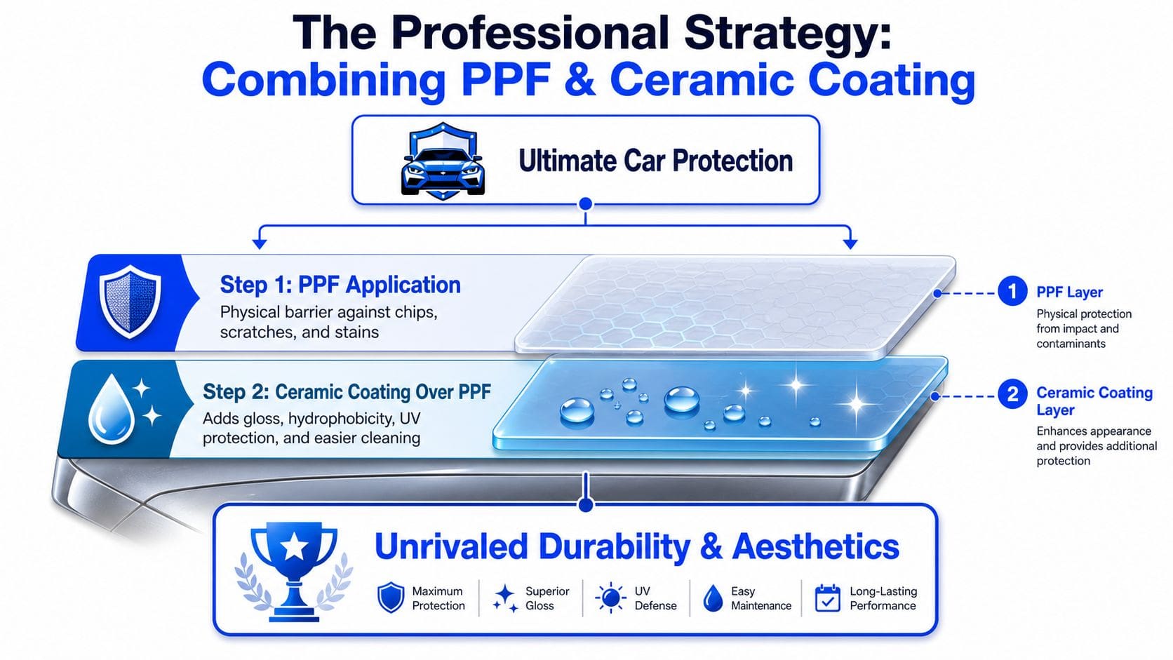 A diagram illustrating the professional strategy of combining paint protection film and ceramic coating for cars.