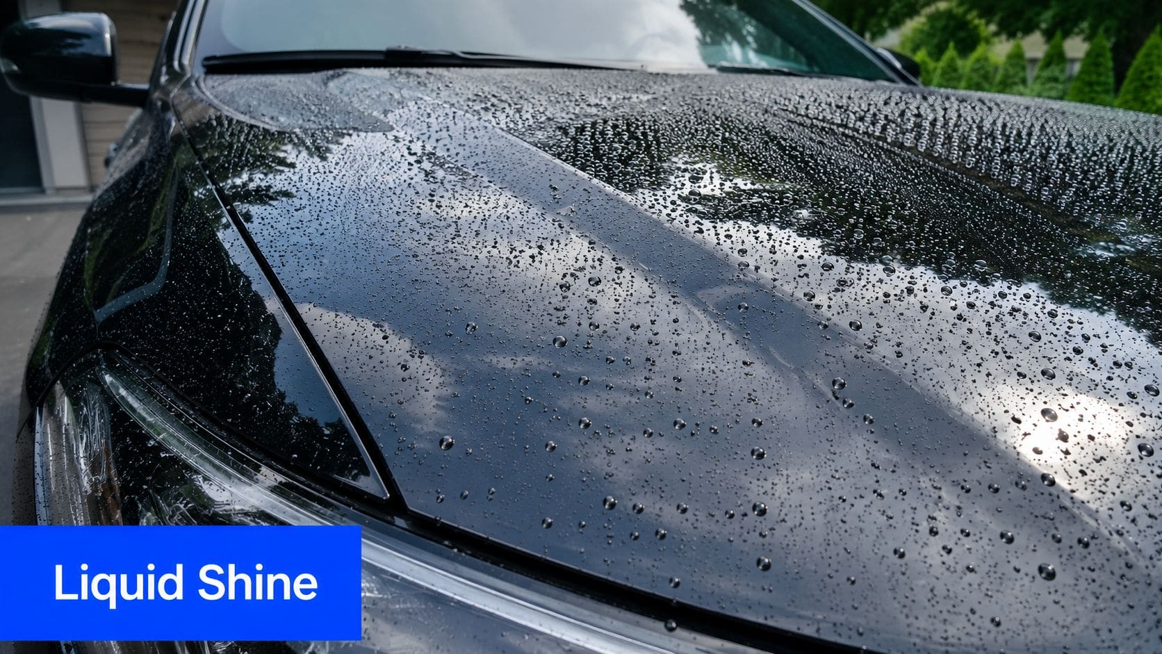 A close-up view of a car hood featuring high-quality paint protection with water beading on the surface.