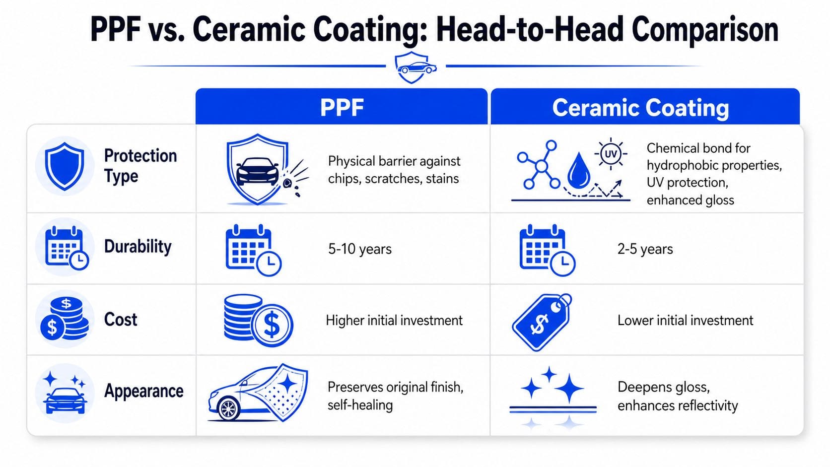 A comparison table detailing the differences between Paint Protection Film and ceramic coating for automotive surface protection.