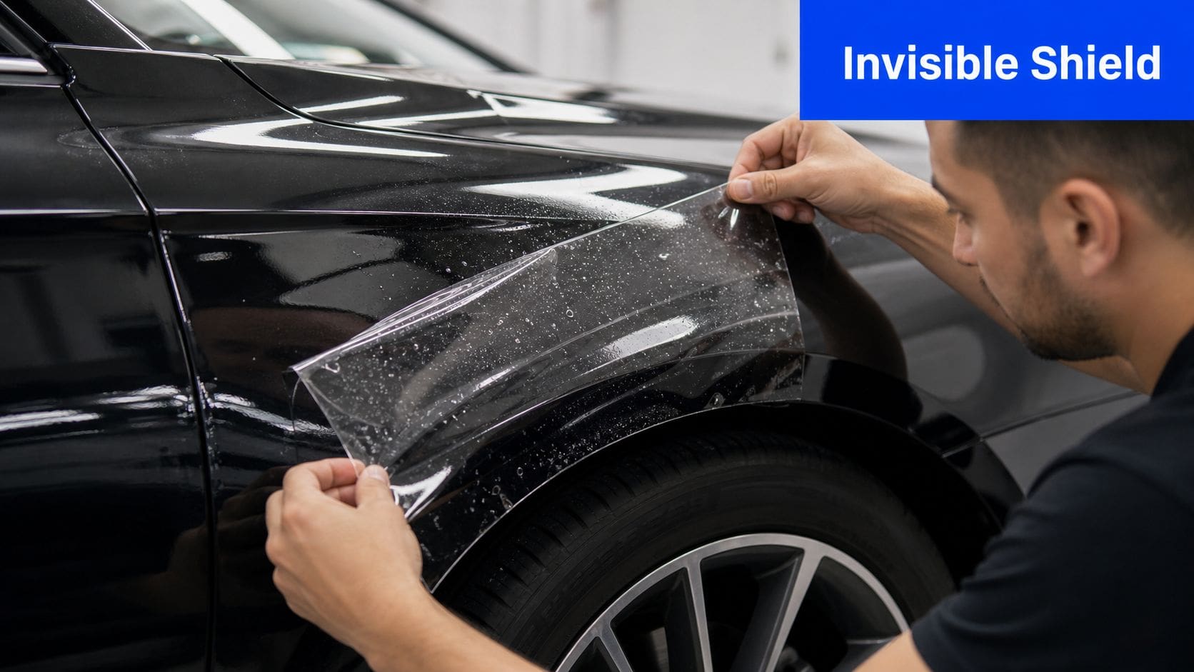 A professional technician carefully applying a clear paint protection film to the black fender of a car.