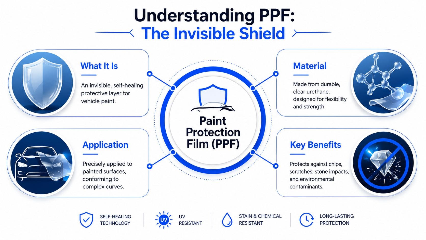 An informative infographic explaining Paint Protection Film benefits, material composition, application process, and key self-healing features.