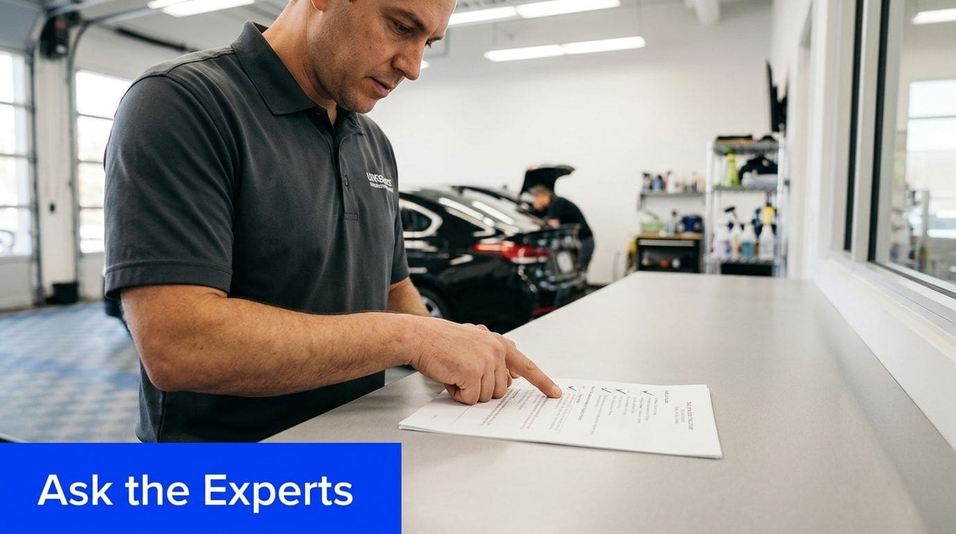 A car service technician reviews a vehicle maintenance checklist in a clean automotive workshop.