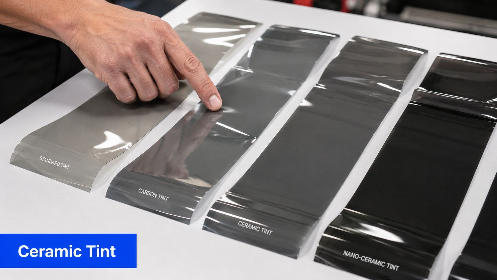 A hand touches a display of different automotive window tint films labeled standard, carbon, ceramic, and nano-ceramic.