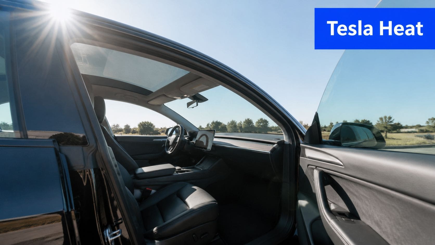 The interior of a black Tesla car with glass roof and open door, capturing sunlight from above.