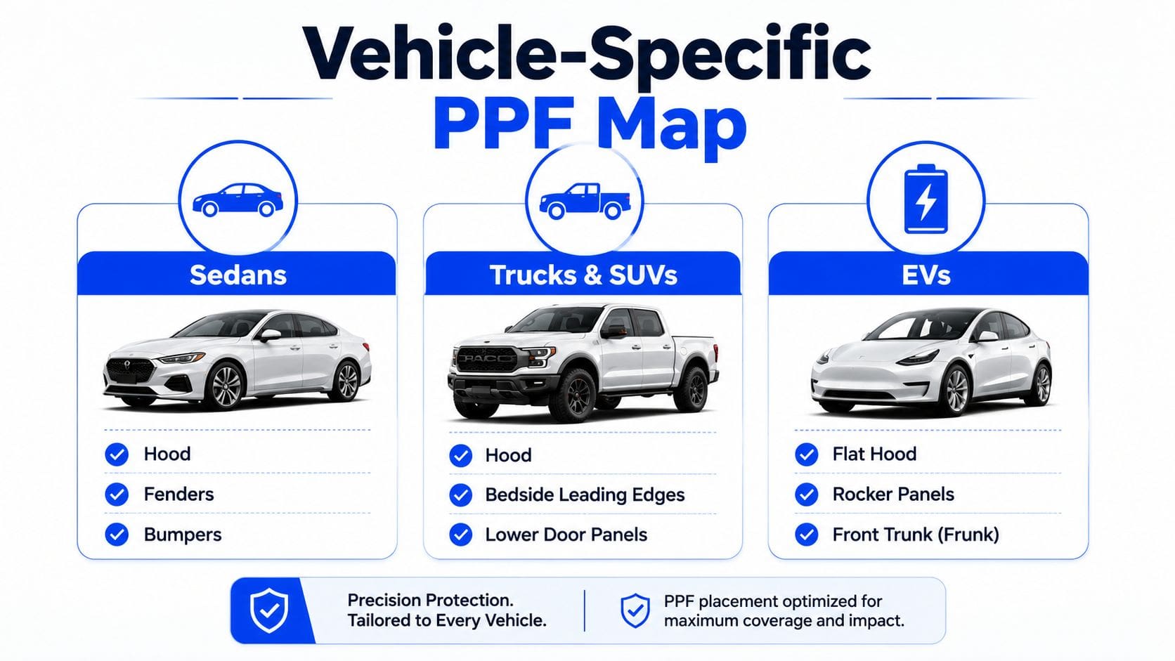 A diagram illustrating recommended Paint Protection Film coverage areas for sedans, trucks, SUVs, and electric vehicles.