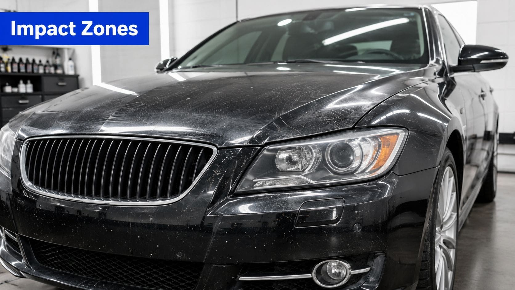 A black luxury sedan showing swirl marks and scratches on its hood in a detailing workshop.