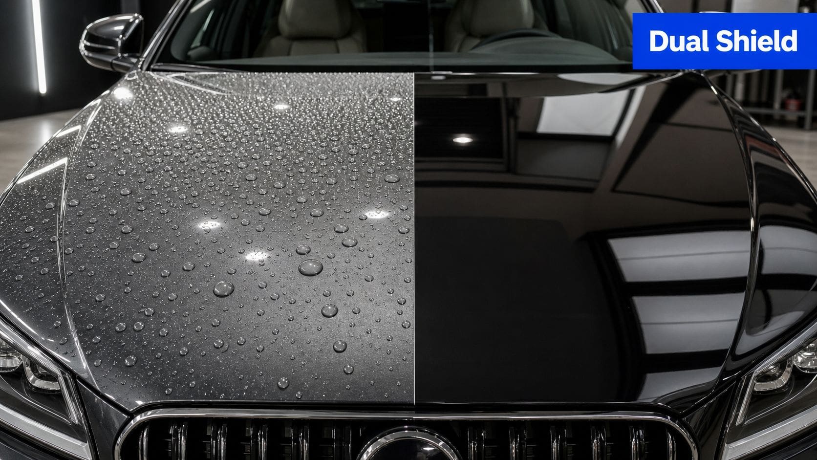 A split screen view of a car hood showing the difference between hydrophobic protection and untreated paint.