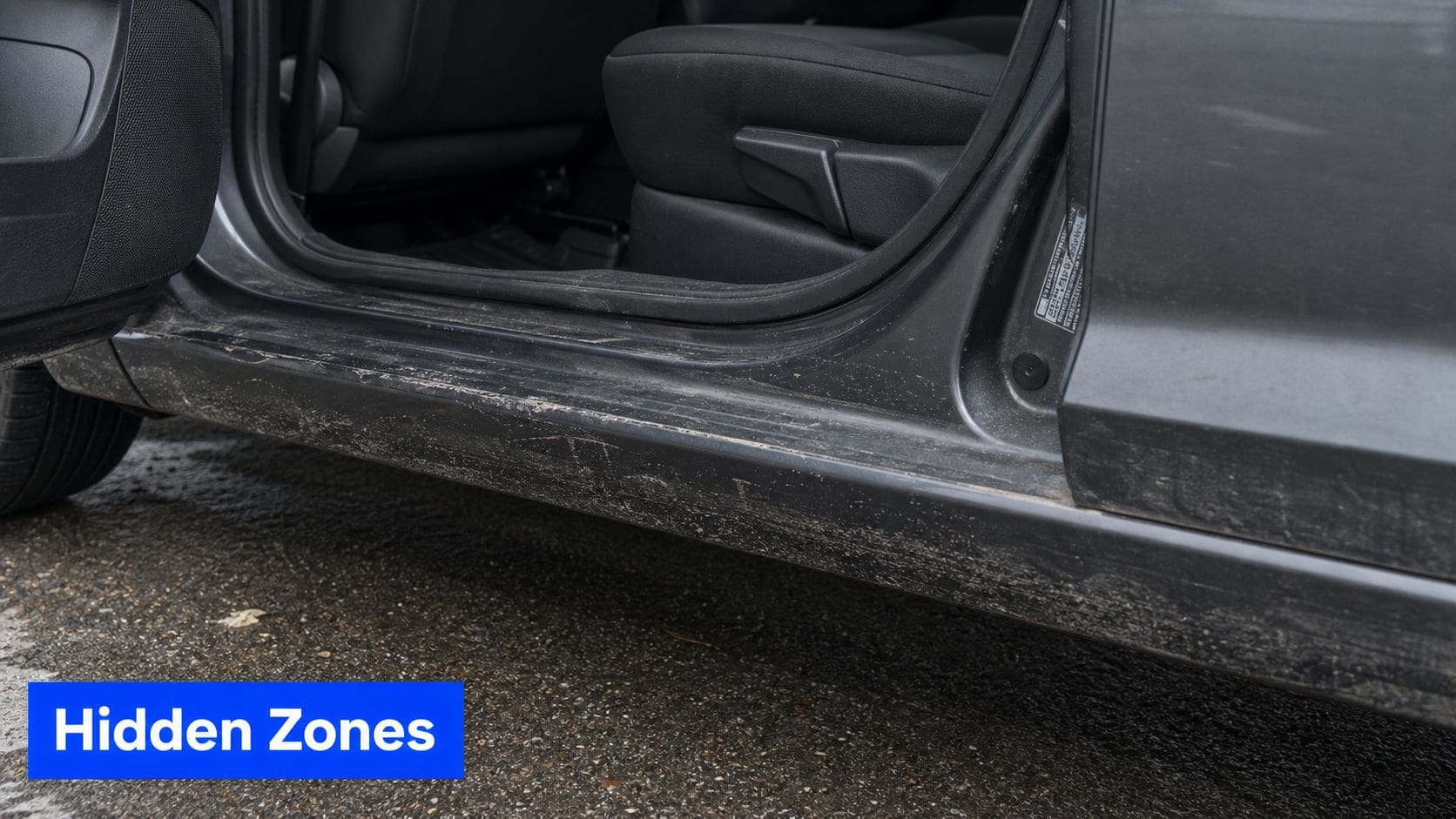 A close-up view of a dirty car rocker panel showing visible scratches and surface wear and tear.