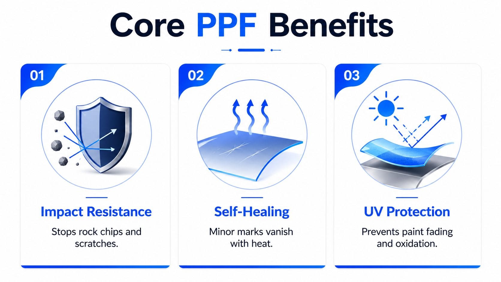 An infographic detailing the three main benefits of paint protection film: impact resistance, self-healing, and UV protection.