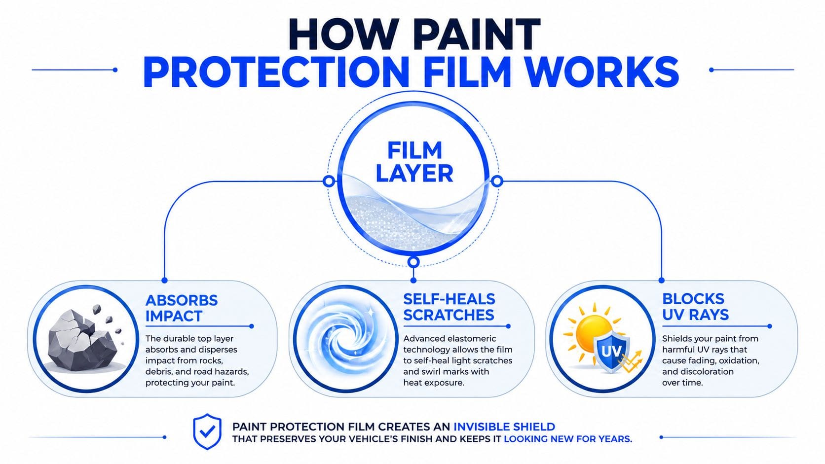 An infographic showing how paint protection film protects vehicles by absorbing impact, self-healing scratches, and blocking UV rays.