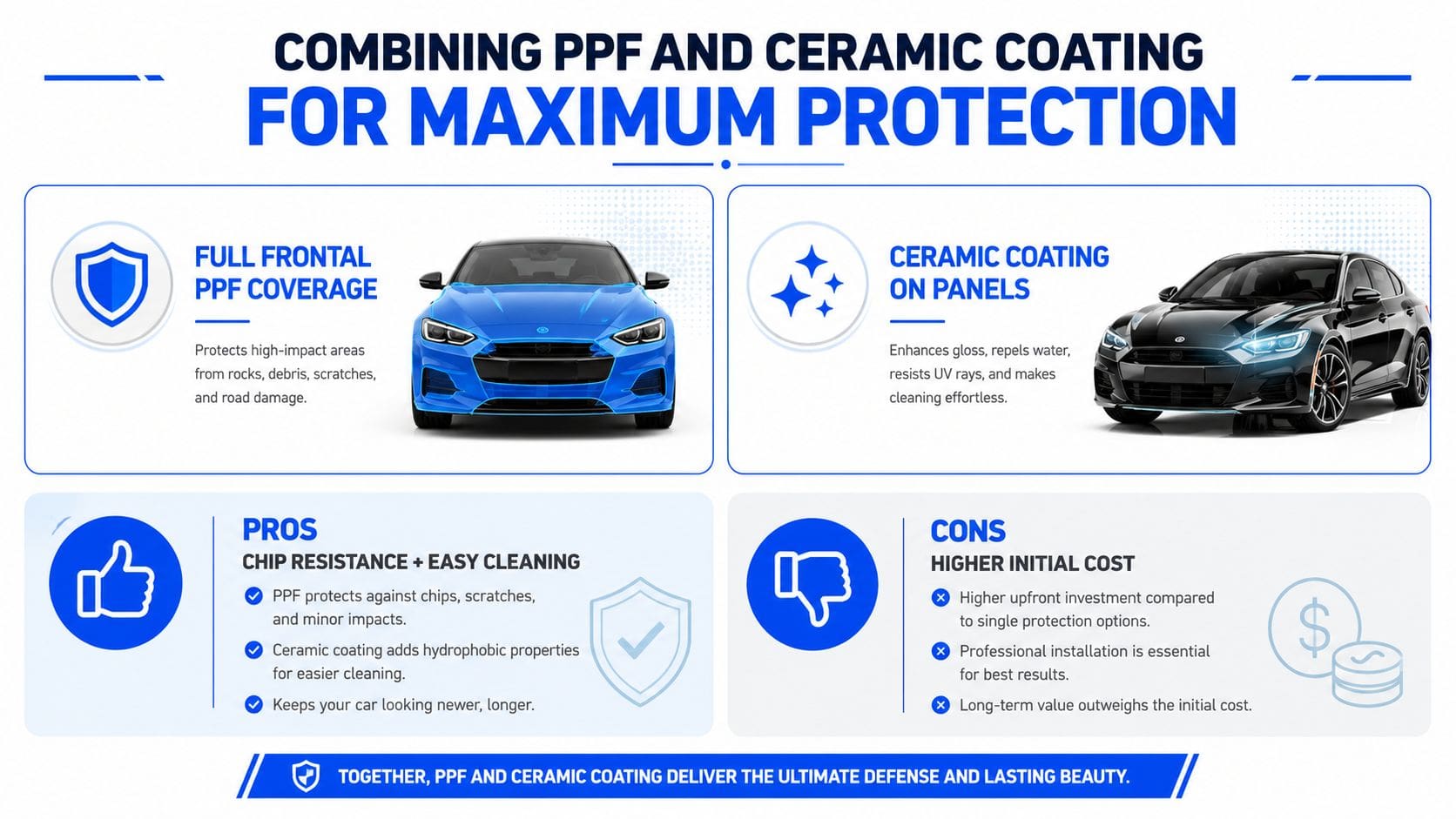 A graphic infographic explaining the benefits of combining paint protection film and ceramic coating for vehicles.