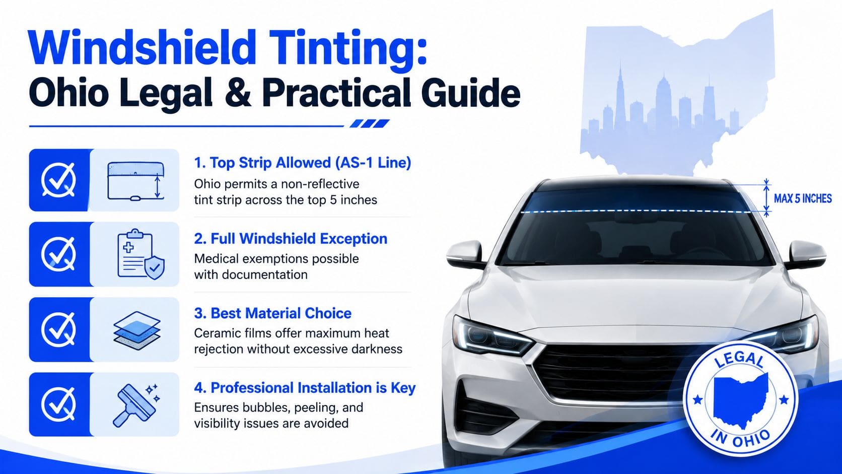 An infographic detailing Ohio windshield tinting laws, including strip limits, medical exceptions, and professional installation benefits.