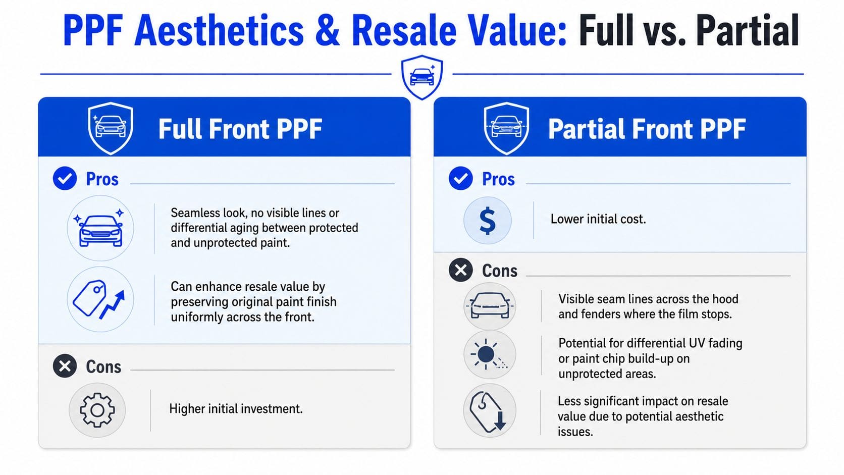A comparison chart outlining the pros and cons of full front versus partial front paint protection film (PPF).
