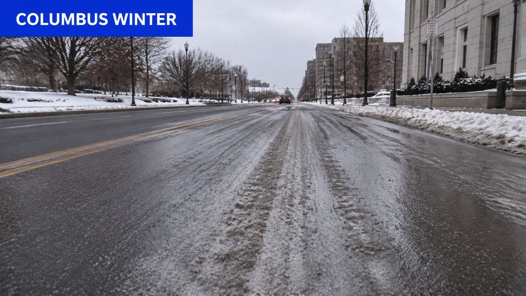 A view of a wet, slushy road in Columbus, Ohio, during a winter day with snow banks.