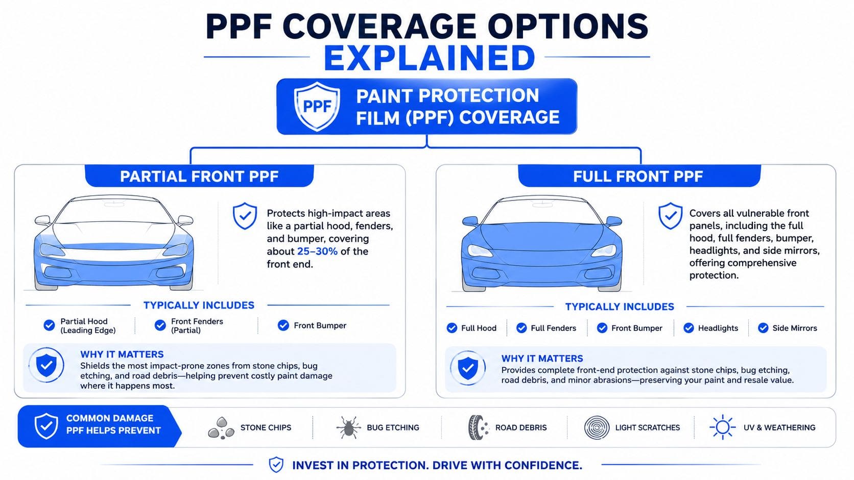 A comparison infographic showing the difference between partial front and full front paint protection film for vehicles.