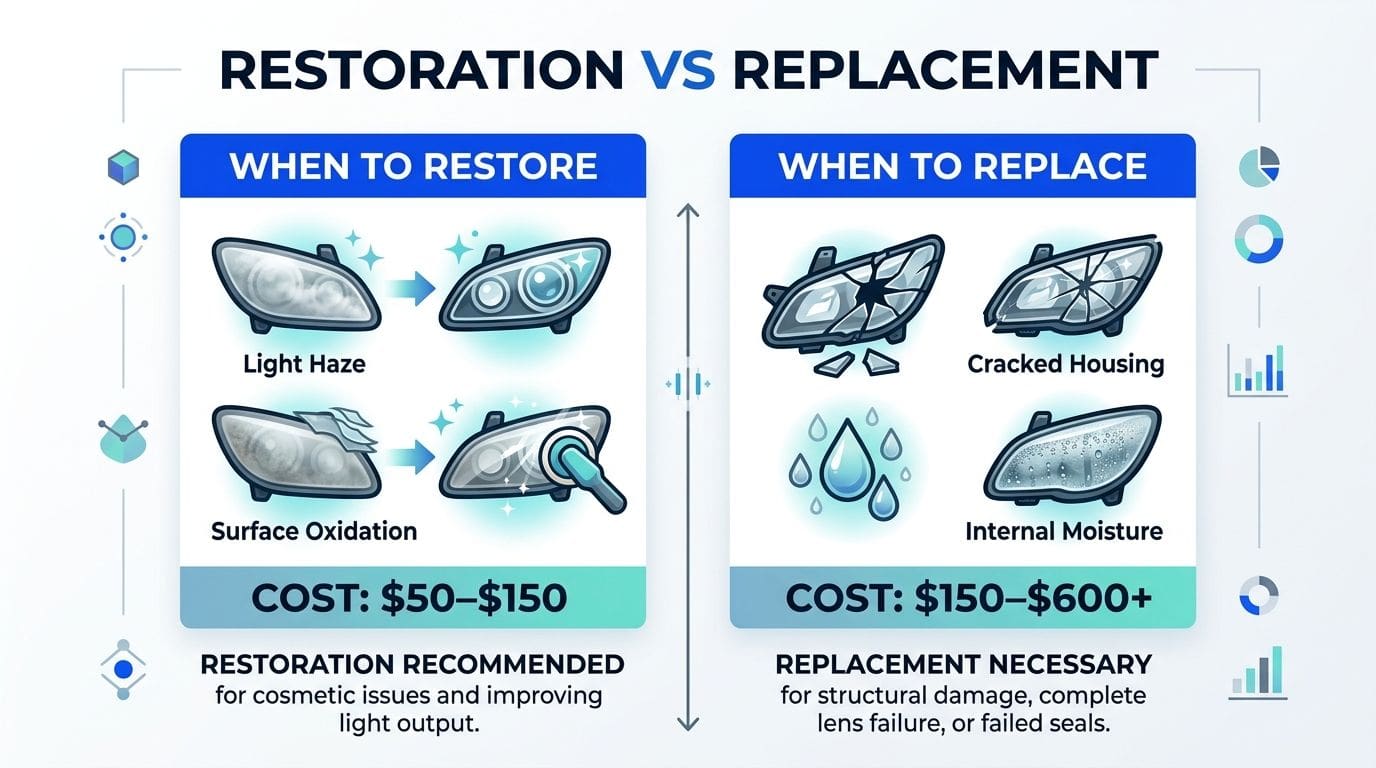 A comparison infographic showing when to choose headlight restoration versus complete headlight replacement based on damage types.