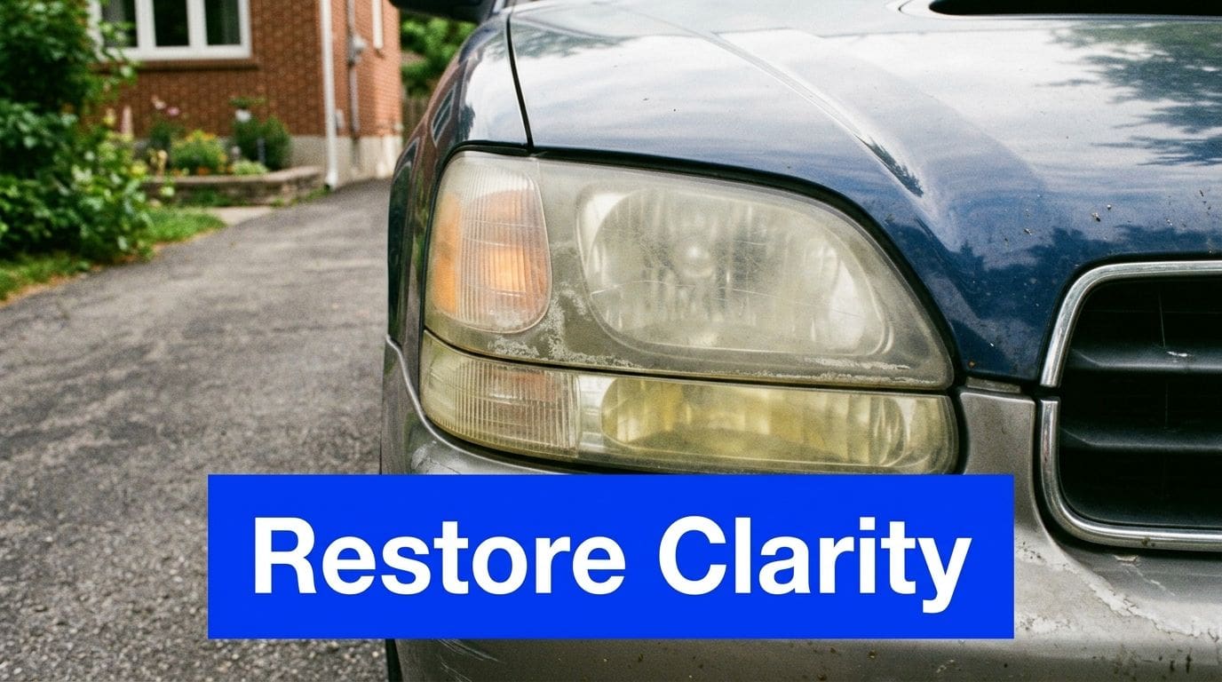 A close-up view of a car's oxidized and yellowed headlight lens that requires professional restoration.