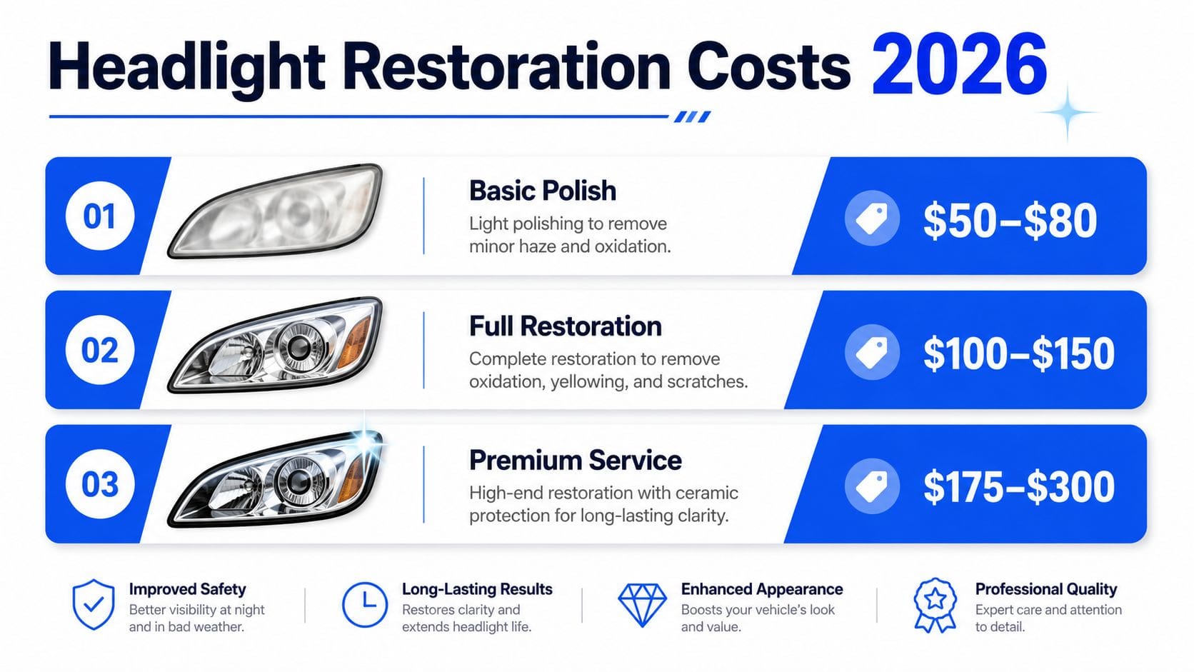 A price list infographic for 2026 headlight restoration services showing three tiers from basic to premium.