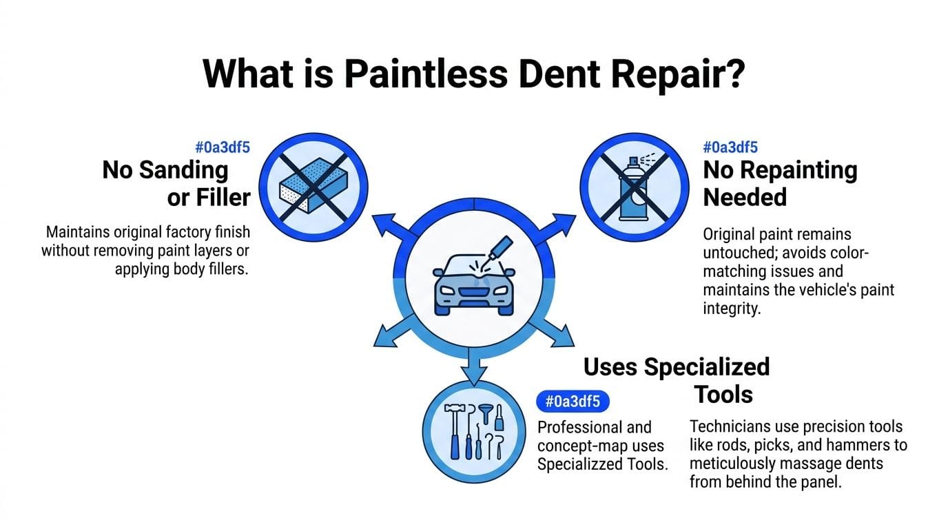 An infographic explaining the benefits and process of paintless dent repair for vehicle body maintenance.