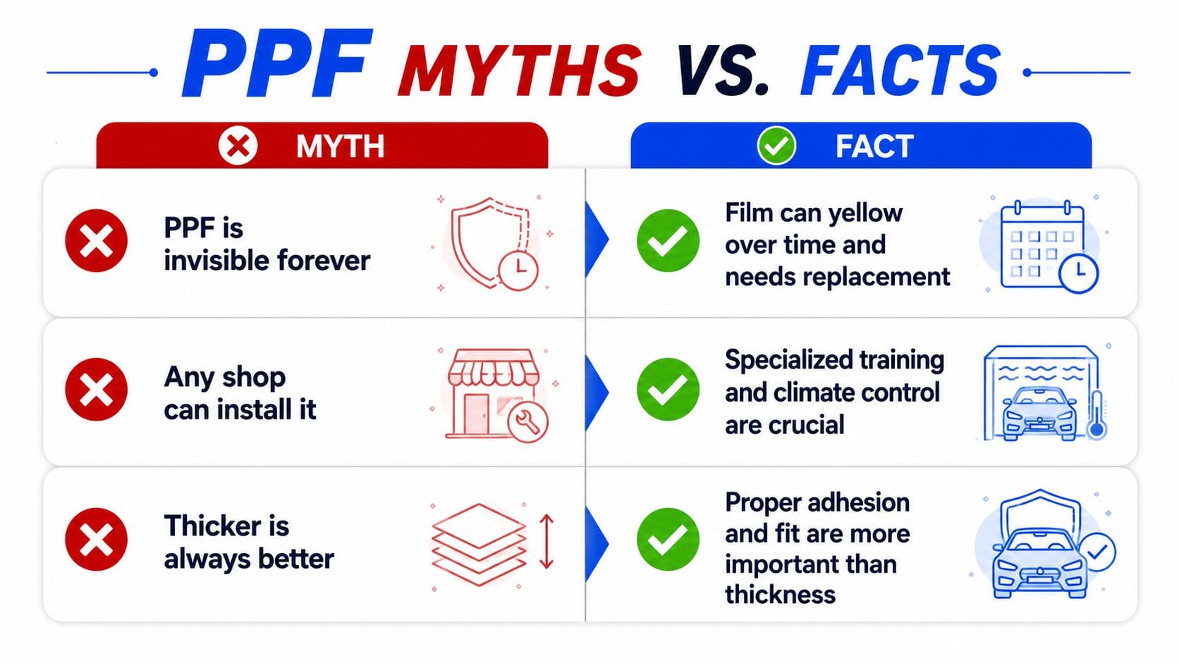 An infographic comparing three common myths about Paint Protection Film with the corresponding realities for car owners.