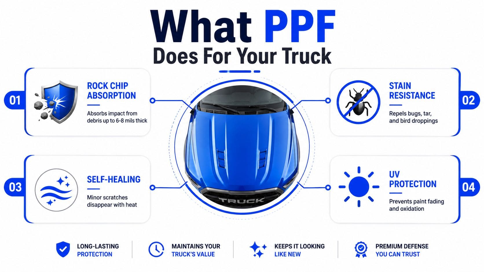A graphic showing how paint protection film protects your truck from scratches, UV rays, and road debris.
