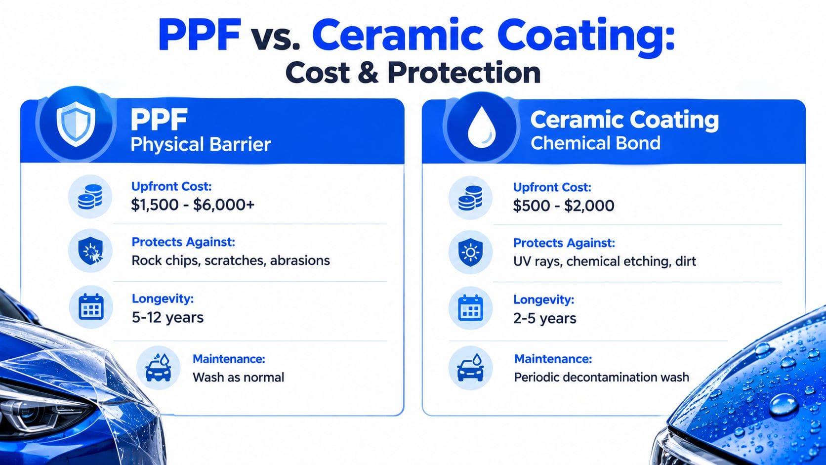 A comparison chart outlining the differences in cost, protection, longevity, and maintenance between PPF and ceramic coating.