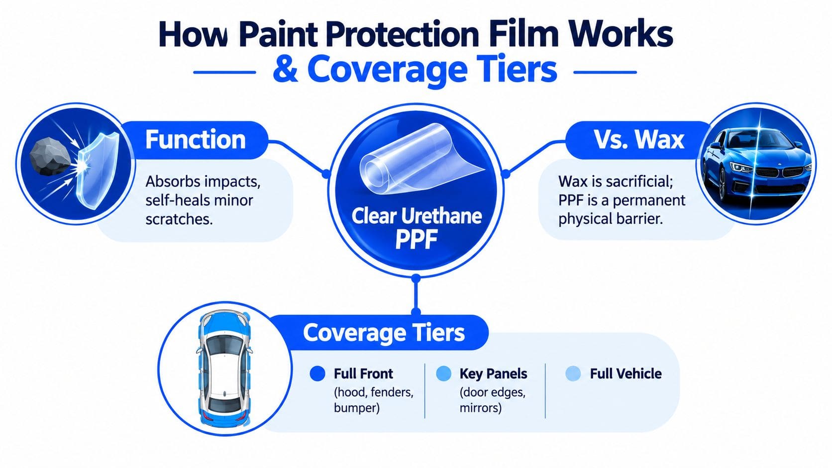 An infographic explaining how automotive paint protection film works, its benefits versus wax, and coverage tier options.