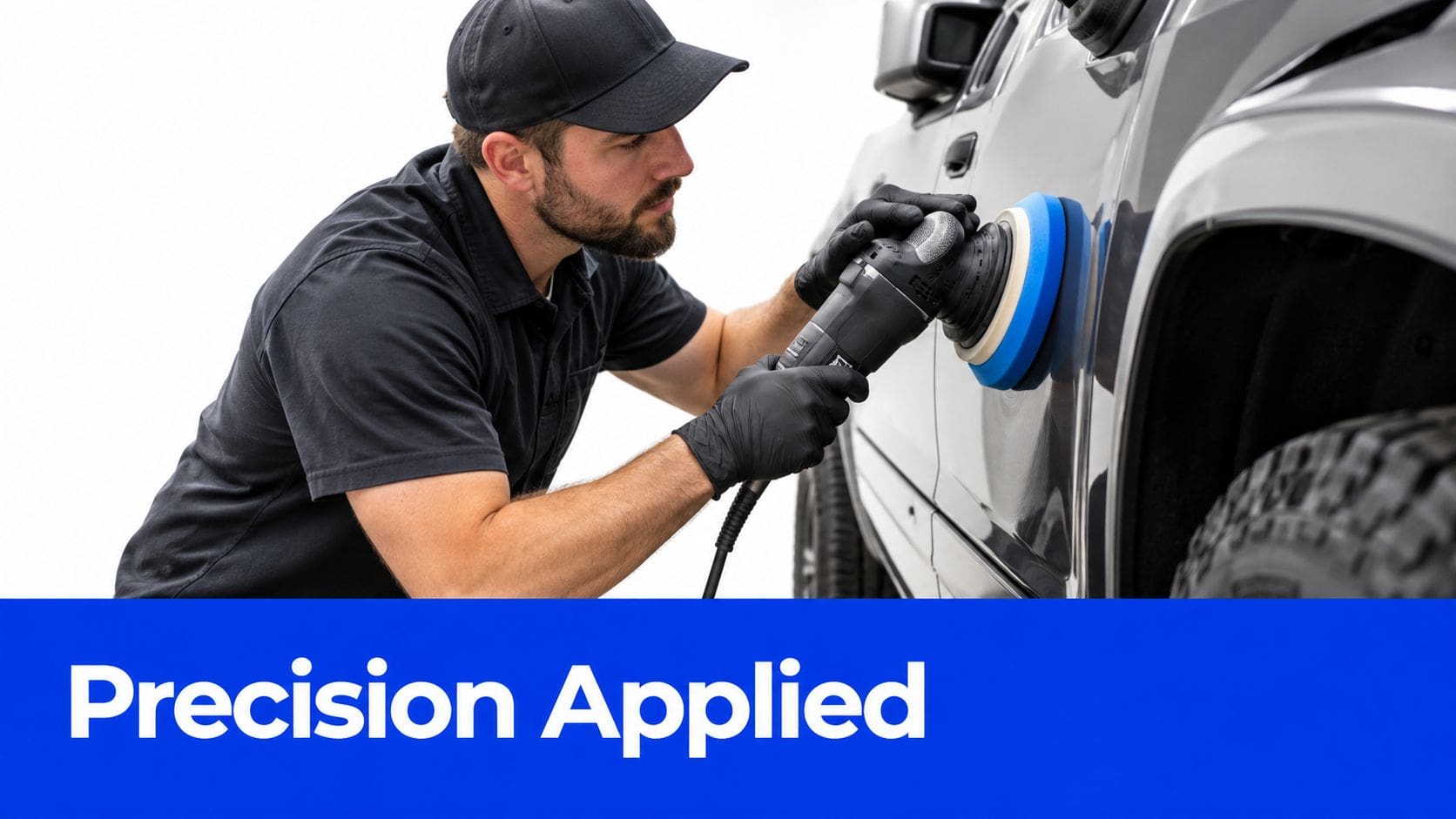A professional technician carefully applying ceramic coating to a truck door using a polishing buffer tool.