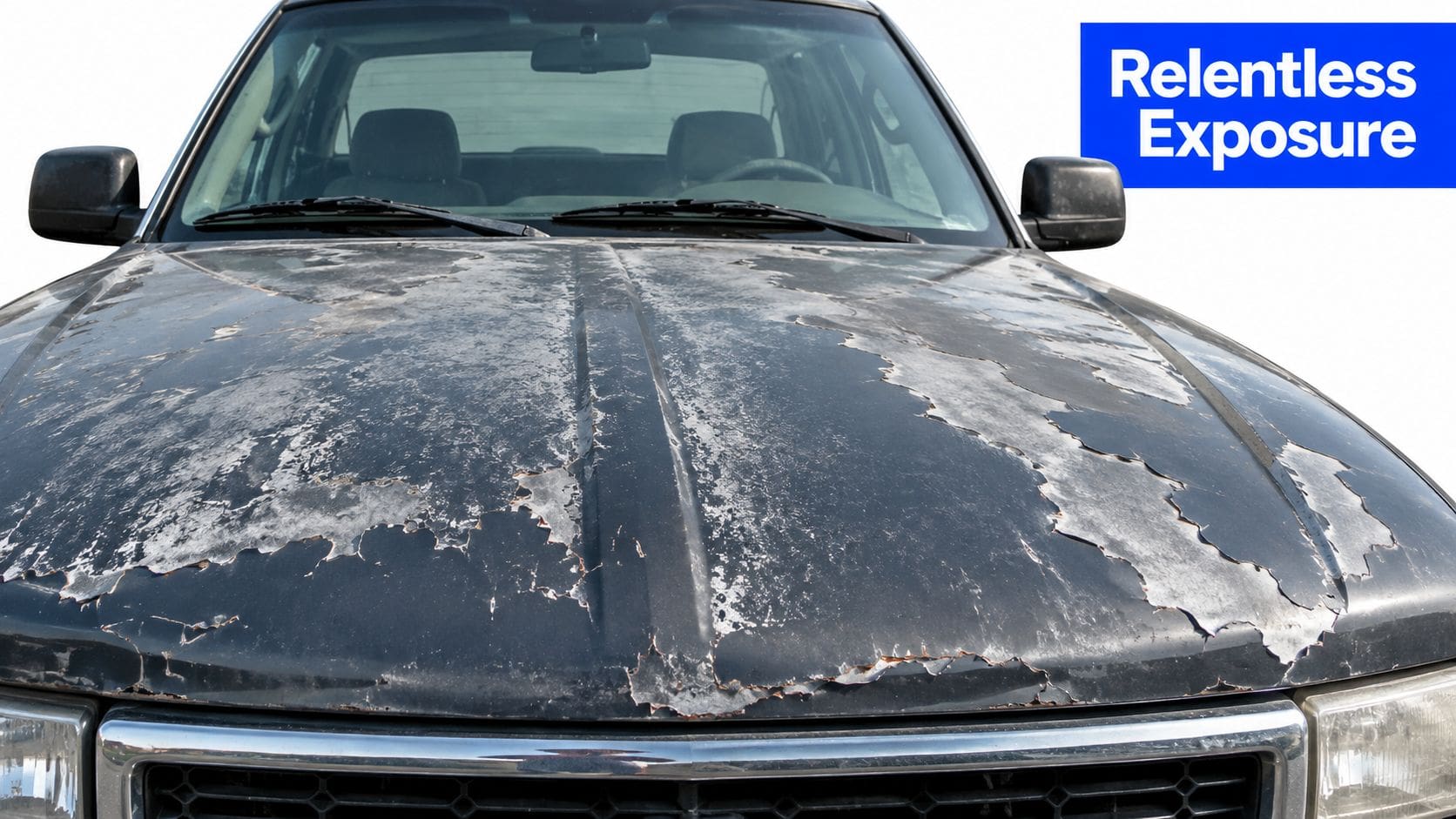 A close-up view of a truck hood with severely sun-damaged and peeling dark automotive paint.