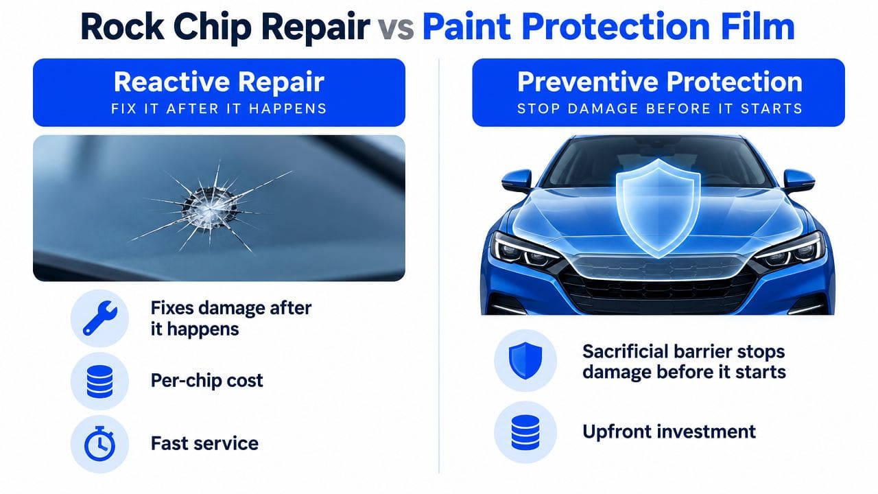 A comparative infographic showing the differences between reactive rock chip repair and proactive paint protection film for vehicles.