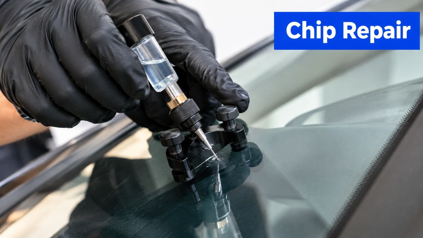 A technician wearing black gloves uses a professional windshield repair tool to fix a small glass chip.
