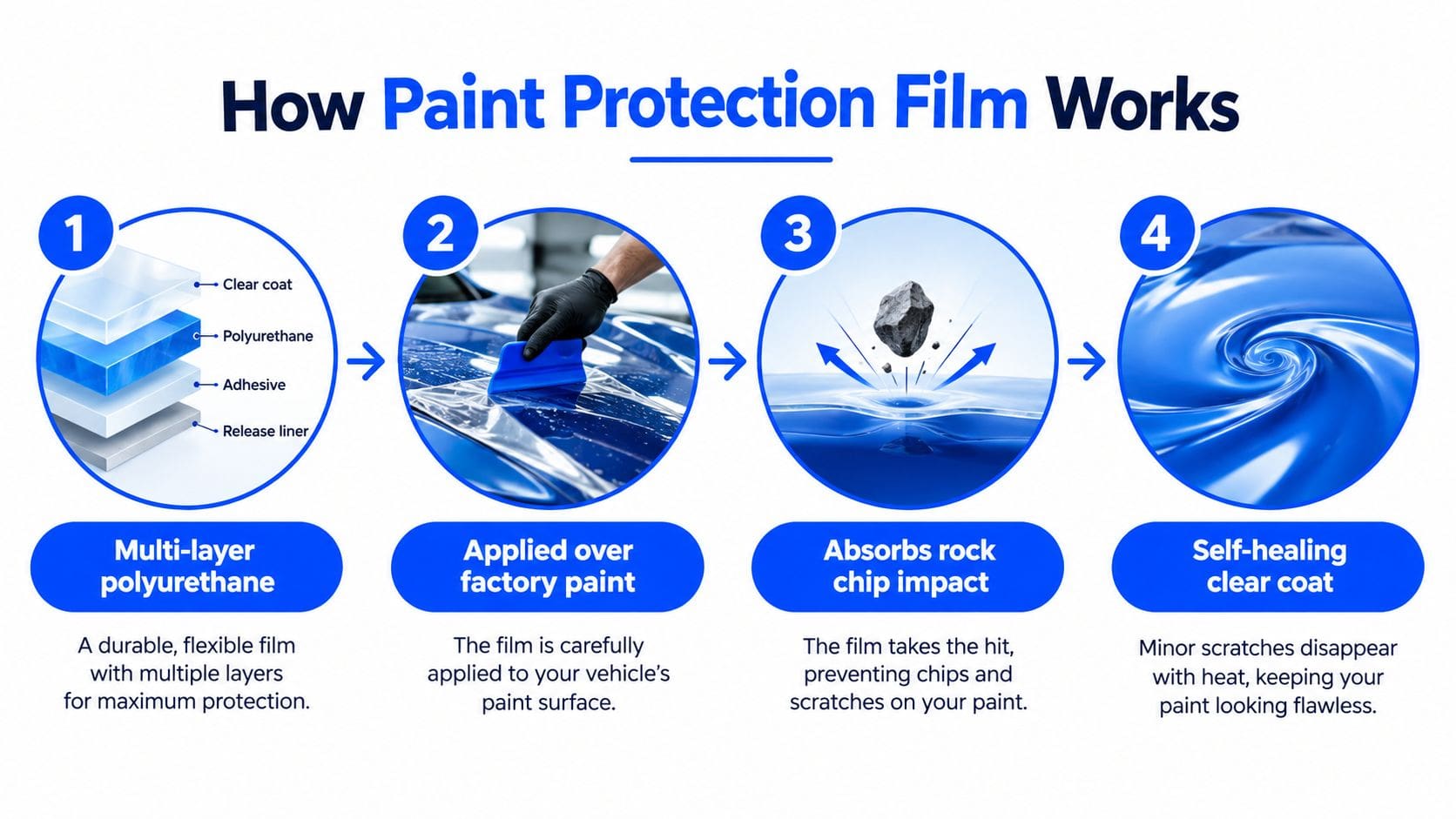 A four-step infographic illustrating how paint protection film is applied and works to protect car paint.