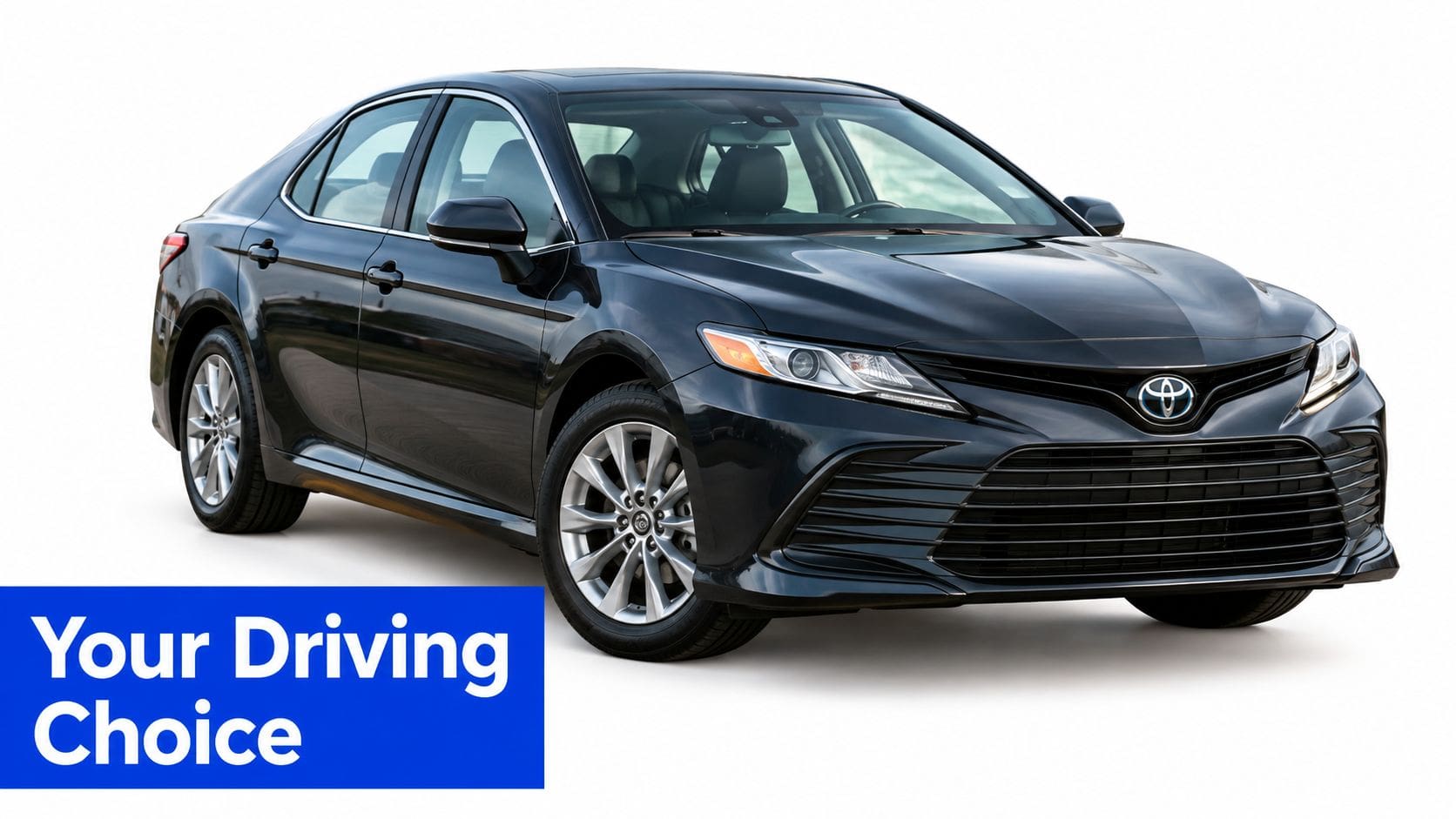 A black Toyota Camry sedan parked against a white background, representing automotive care and protection options.