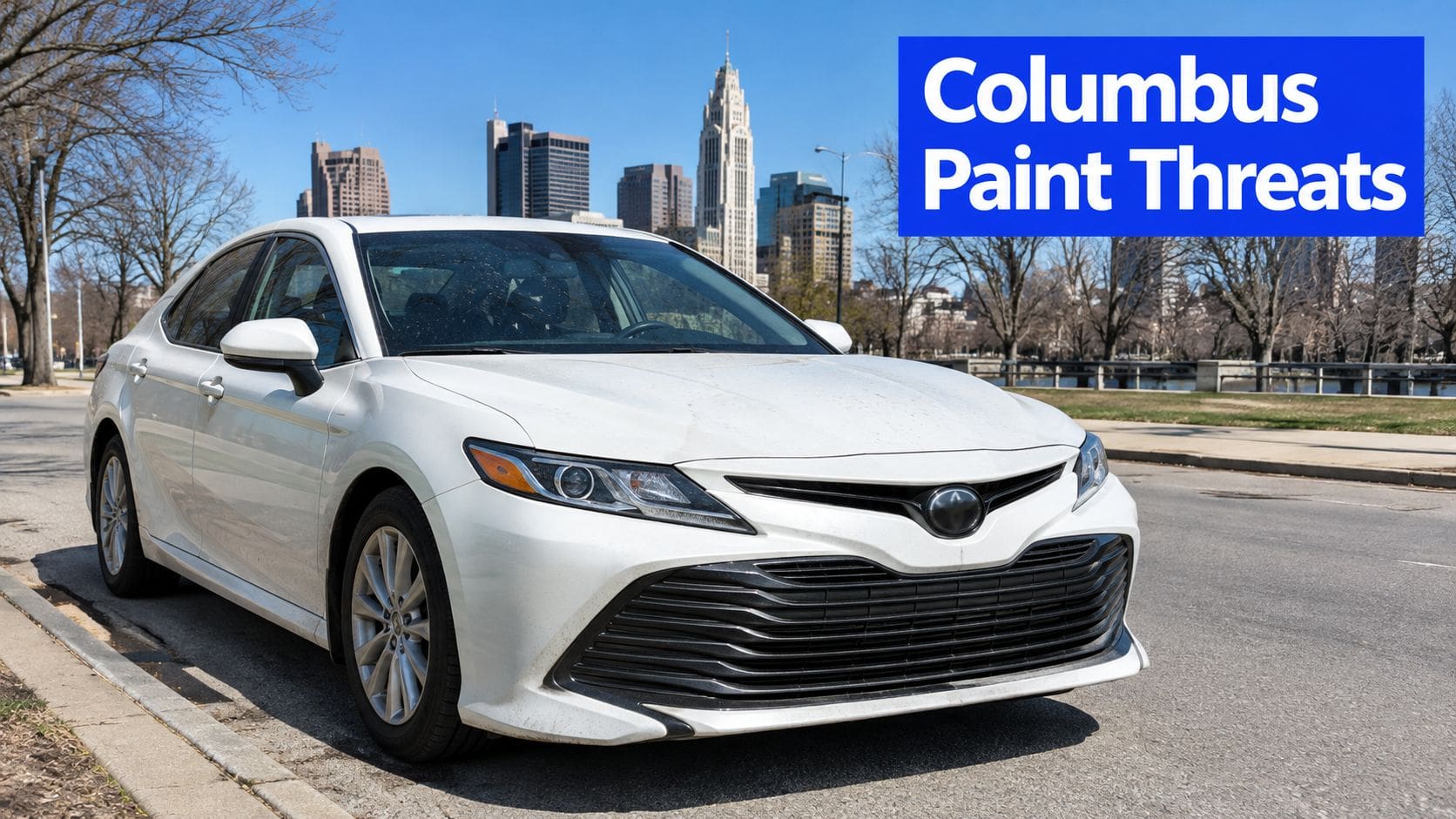 A clean white Toyota Camry parked on a street with the Columbus city skyline in the background.