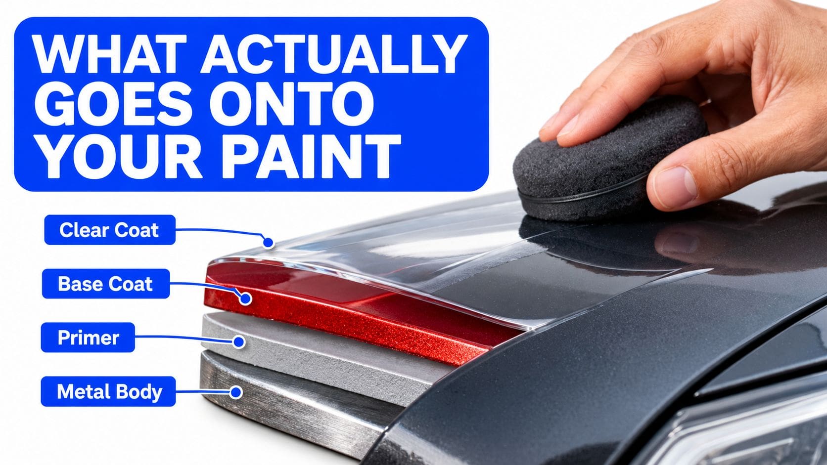 A diagram demonstrating the layers of car paint including the metal body, primer, base coat, and clear coat.