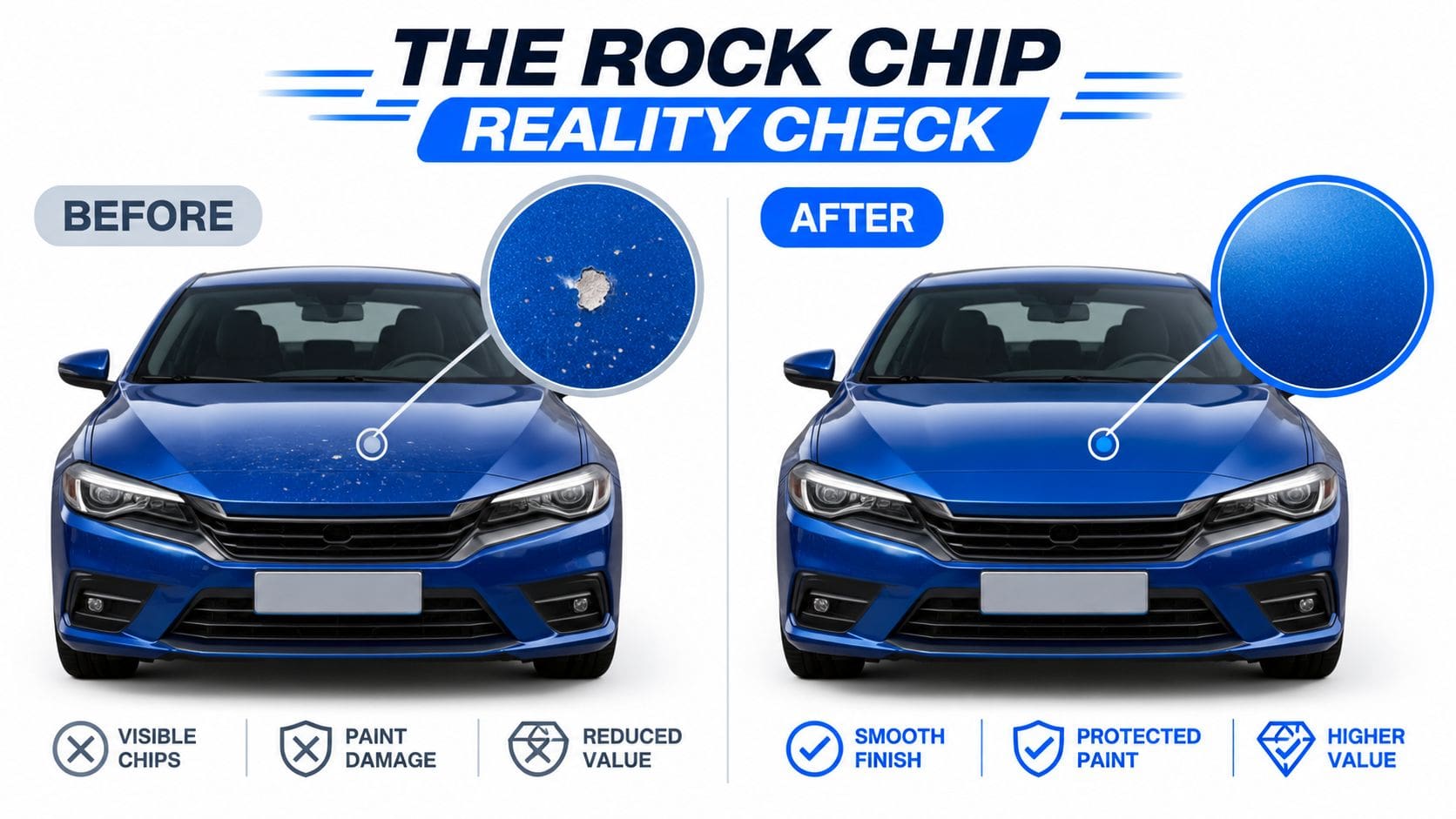 A comparison showing a blue car with paint chips before and after professional repair and protective coating.