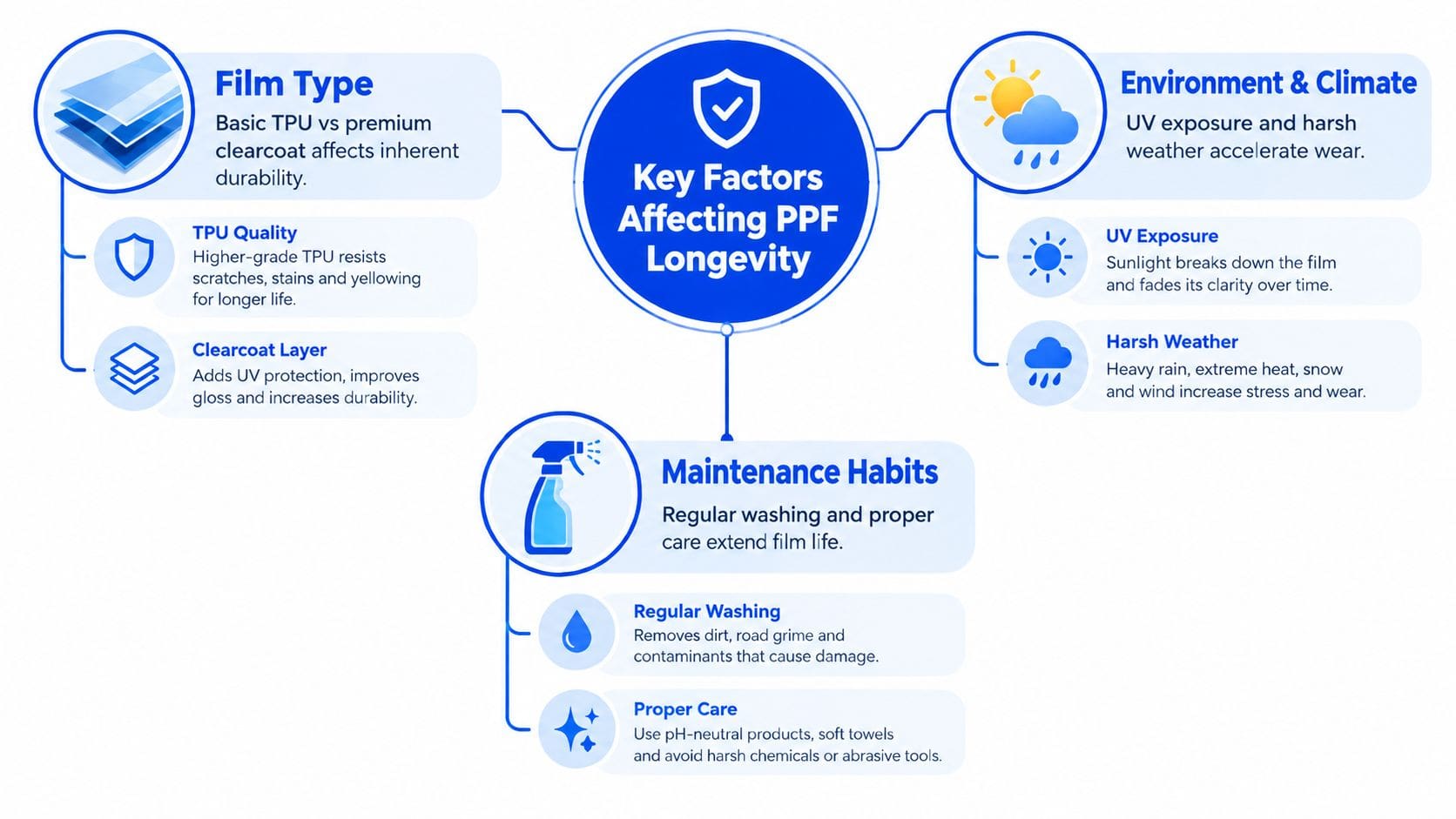 An infographic showing the three key factors that affect the longevity of paint protection film on cars.