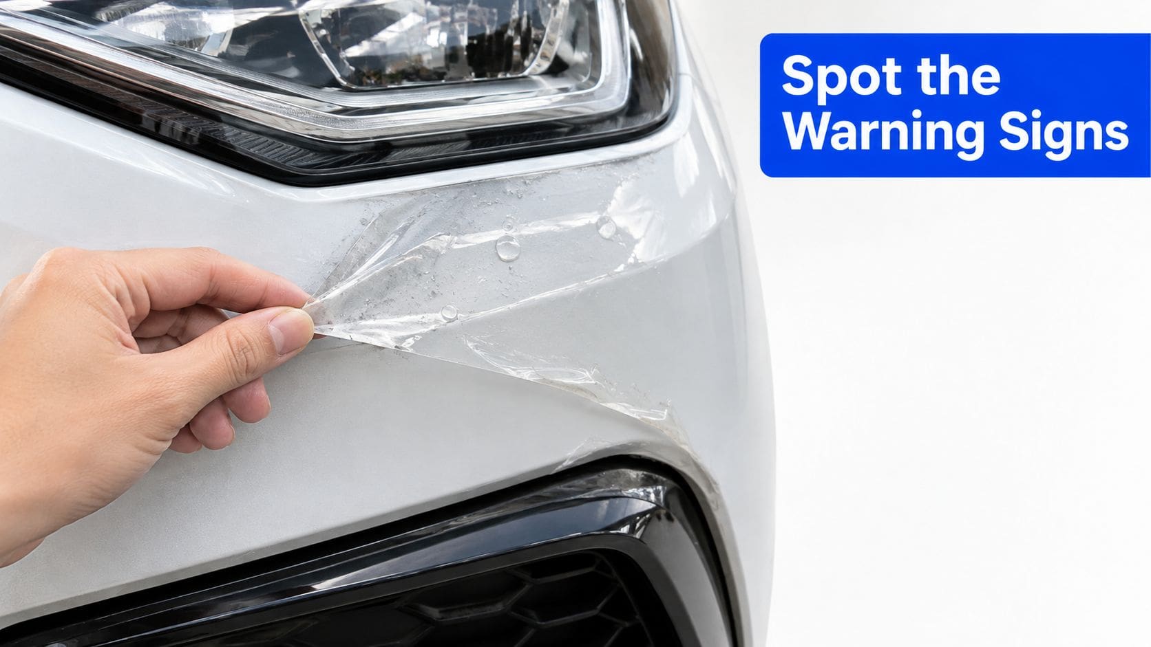 A hand peeling a damaged, bubbling paint protection film from the white bumper of a car.