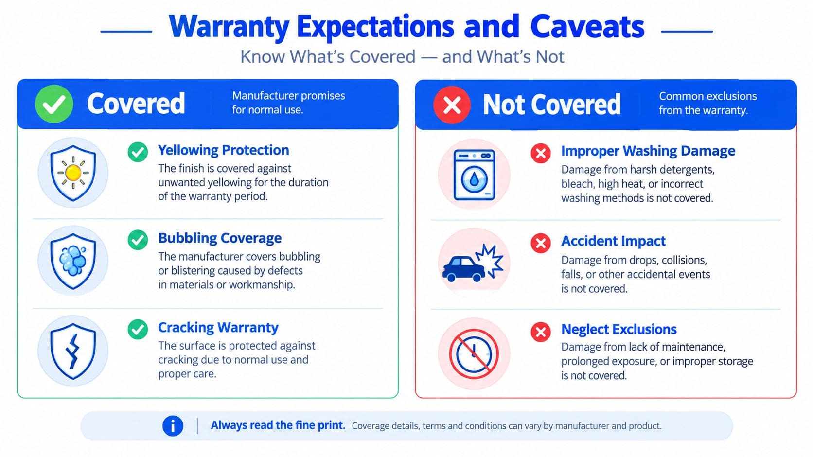 A chart illustrating warranty expectations for paint protection film, including common coverage and exclusions for consumer awareness.